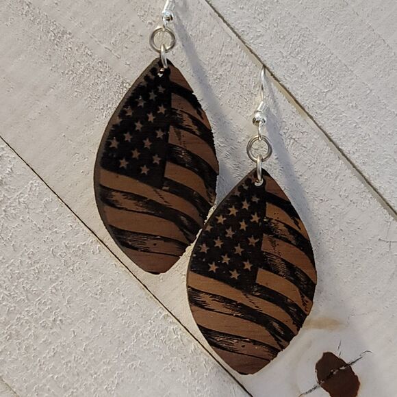 Handmade American Flag Dangle Earrings – Laser Cut Wood Patriotic Jewelry - Picture 3 of 7